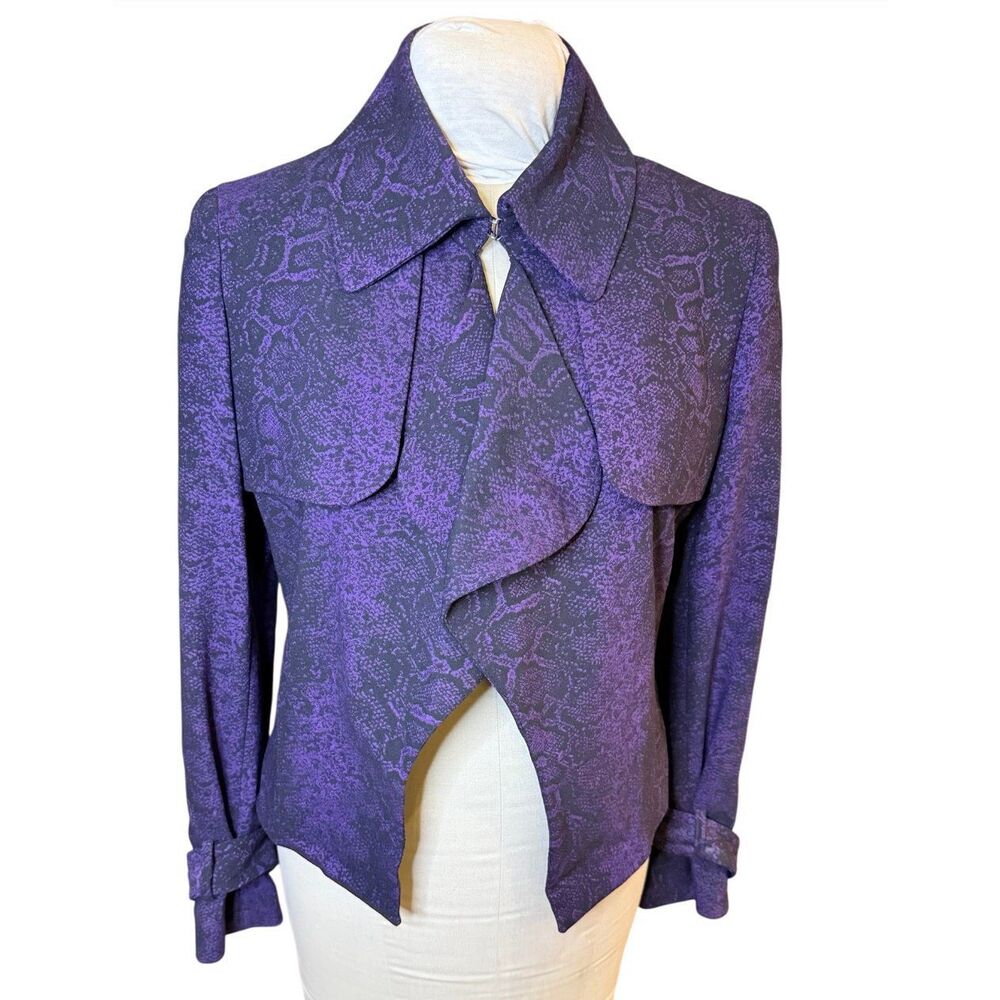 Anne Klein Purple Snakeskin Draped Blazer Jacket Bow Cuffs Size 10 Hook-and-Eye